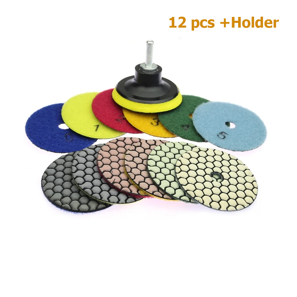 12 pcs 80/100mm Dry Grinding Disc 3"/4" Marble Stone Polishing Pad + 1 pc Holder for Drill